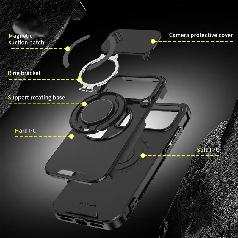 SNAPFIT Case iPhone 18 Pro Max 18 Pro Slide Camera Protection Magsafe Magnetic 360° Rotating Ring Stand Holder — Black / iPhone 18 Pro Max