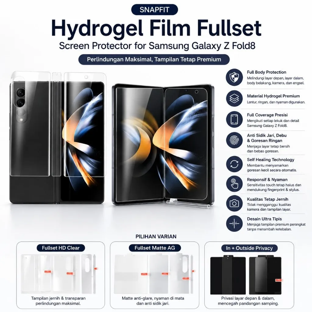 SNAPFIT Hydrogel Fullset Samsung Galaxy Z Fold8 Fold 8 Ultra SNAPFIT Film Fullset Screen Protector Clear Matte Full Body Protection Anti Gores — Belakang Clear / ZFold 8 (Wide)