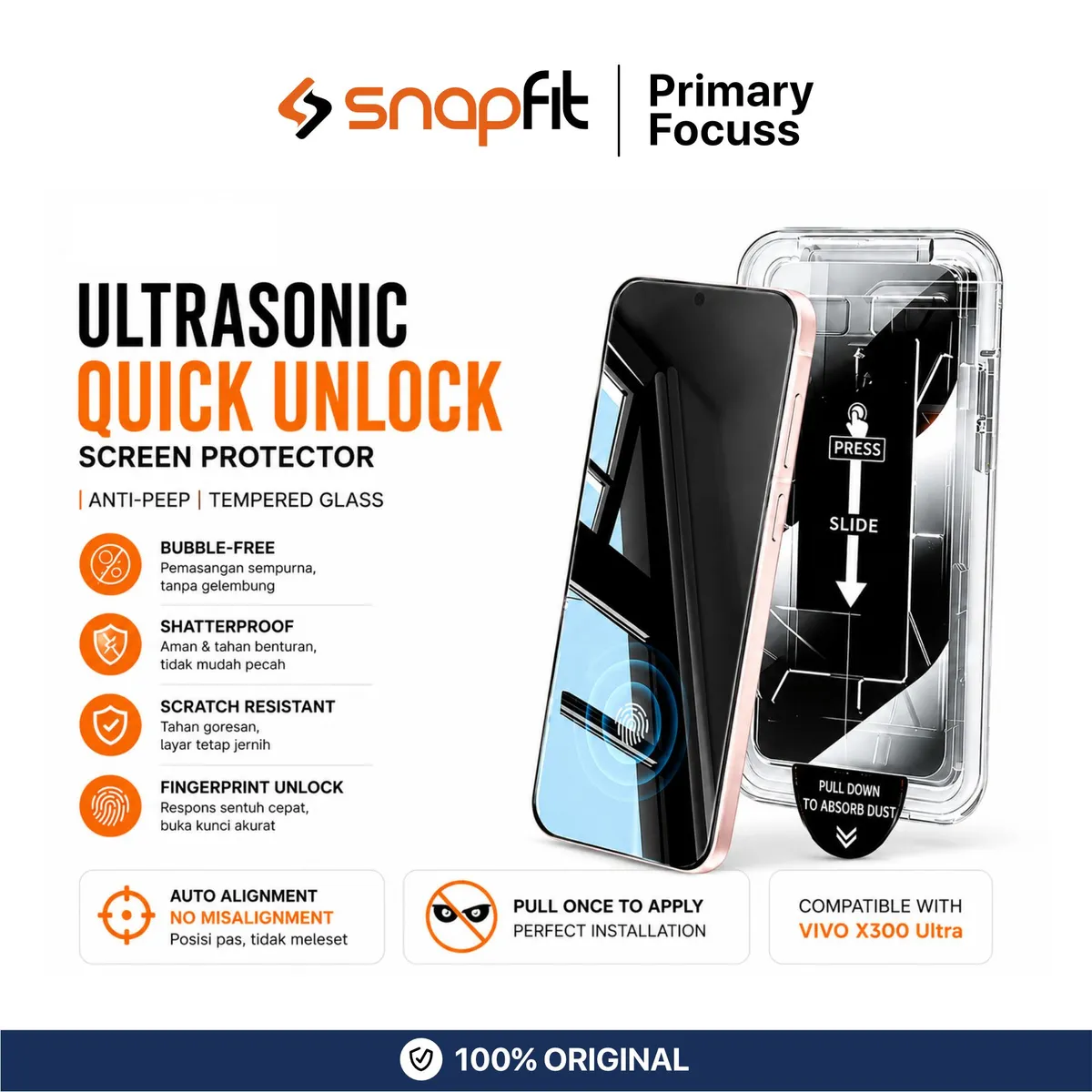 SNAPFIT Tempered Glass for VIVO X300 Ultra SNAPFIT Screen Protector With Tray Clear HD Privacy Anti Spy Anti Gores Pelindung Layar Guard - Primary Focuss
