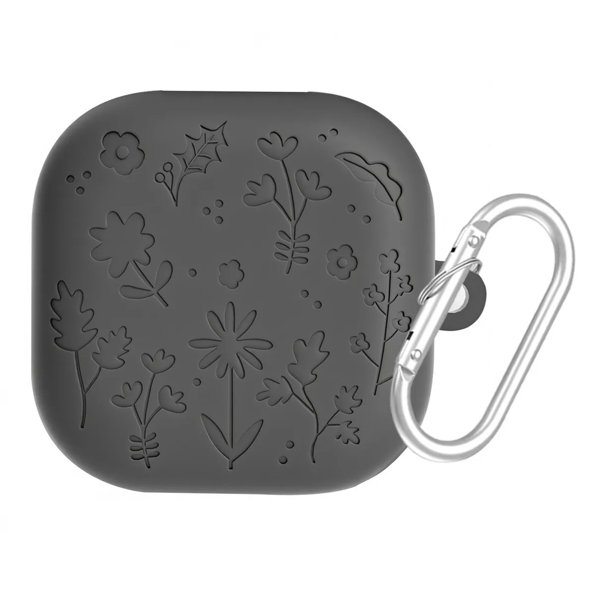 SNAPFIT Case Samsung Galaxy Buds 4 / 4 Pro 2026 Silicone Flower Emboss Carabiner — Dark Grey
