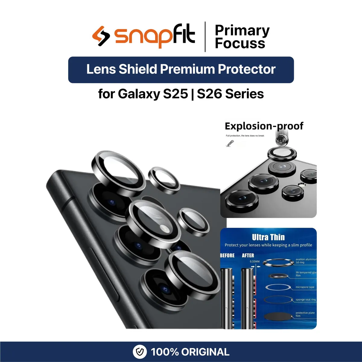 SNAPFIT Lens Camera for Samsung Galaxy S26 S25 Ultra Plus SNAPFIT Lens Shield Camera Butiran Protective Casing Cover - Primary Focuss