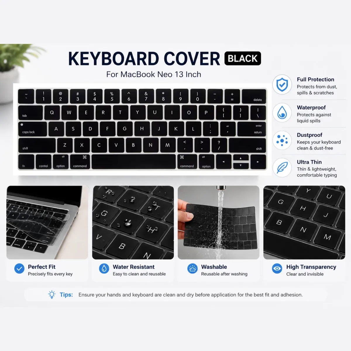 SNAPFIT TPU Keyboard Cover Compatible With MacBook Neo 13 Inch 2026 A3404 Silicone Premium Ultra Thin Anti Debu Anti Air ā Black