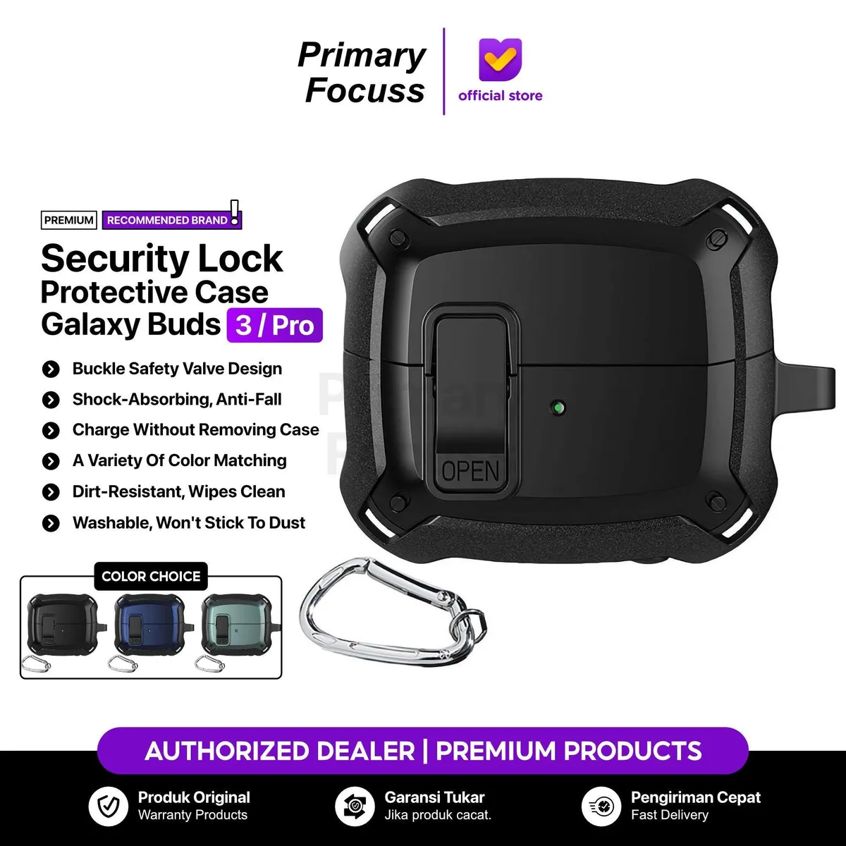 SNAPFIT Case for Samsung Galaxy Buds 4 / Buds 4 Pro Buds 3 FE / Buds 3FE / Buds 3 Pro / 3 3Pro SNAPFIT Security Lock Military Shockproof Protect With Keychain Buds3 Pro Protective Cover Casing - Primary Focuss