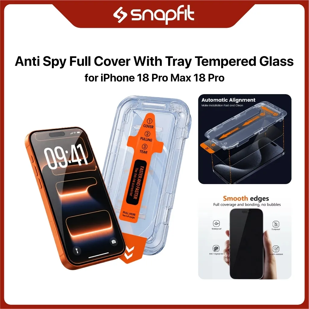 SNAPFIT Tempered Glass iPhone 18 Pro Max 18 Pro Full Cover Anti Spy Easy Installation Tray