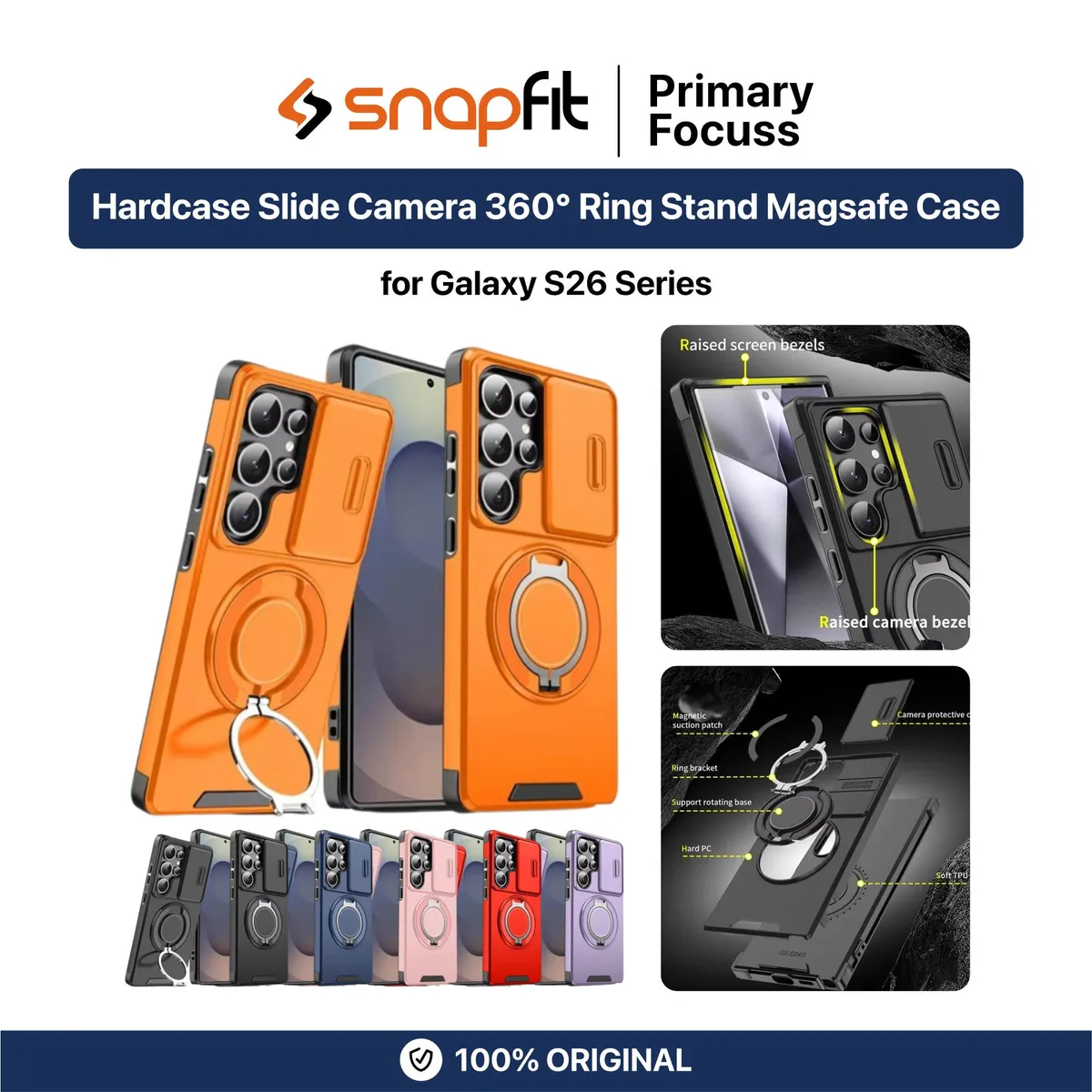 SNAPFIT Case for Samsung Galaxy S26 Ultra Plus SNAPFIT Hardcase Slide Camera Protection MagSafe Magnetic 360° Rotating Ring Stand Holder Protective Cover Casing - Primary Focuss