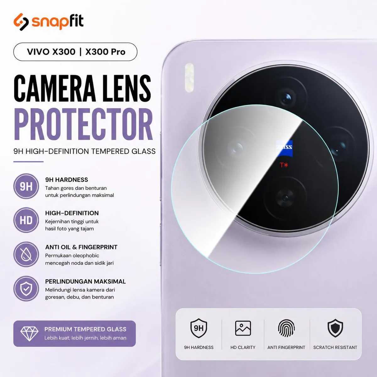 SNAPFIT Lens Camera Protector for VIVO X300 Ultra SNAPFIT Full Cover Camera Protector Pelindung Kamera Guard Tempered Glass ā Clear