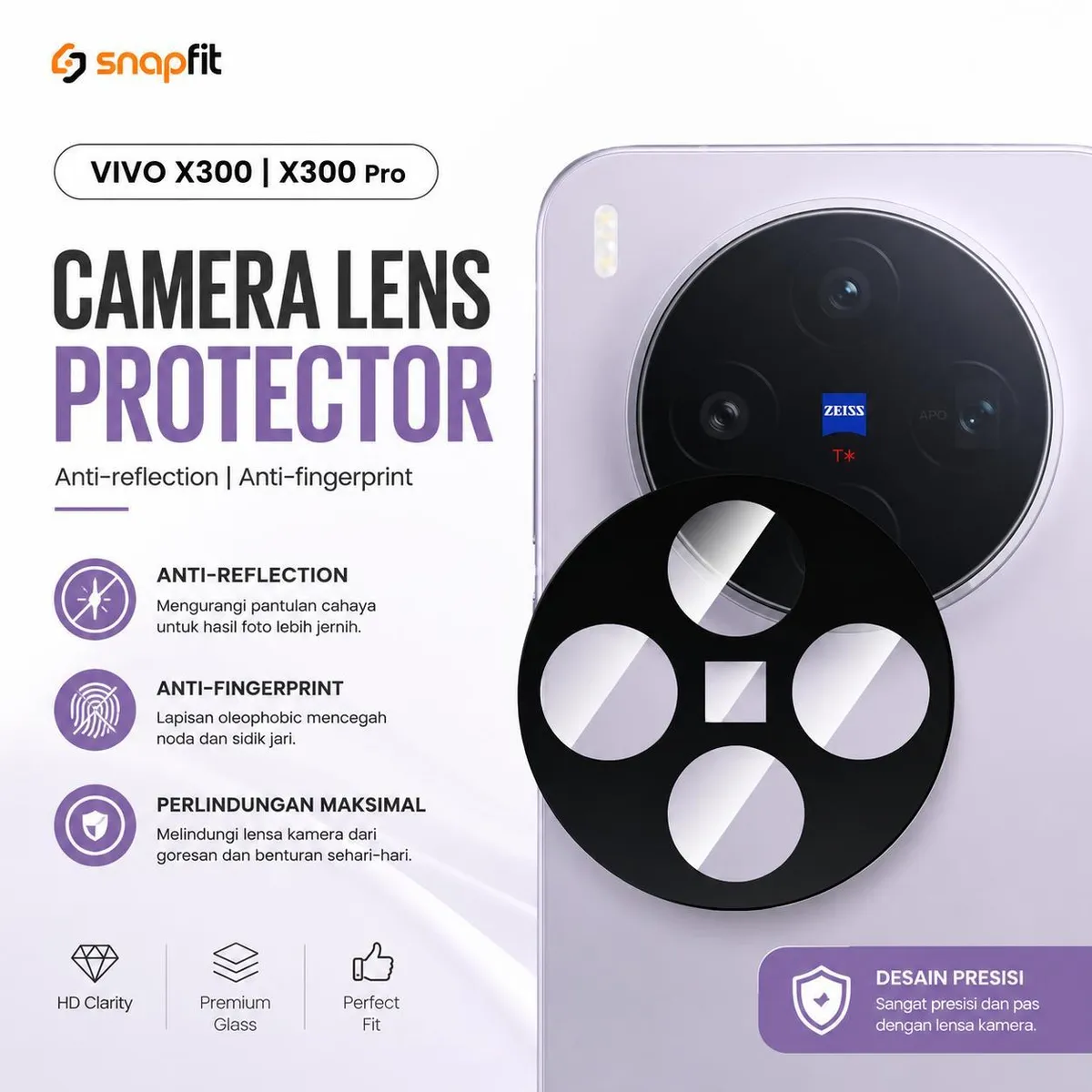SNAPFIT Lens Camera Protector for VIVO X300 Ultra SNAPFIT Full Cover Camera Protector Pelindung Kamera Guard Tempered Glass ā Clear