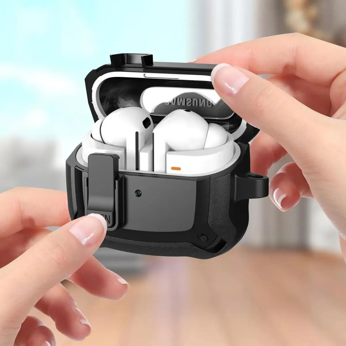 SNAPFIT Case for Samsung Galaxy Buds 4 / Buds 4 Pro Buds 3 FE / Buds 3FE / Buds 3 Pro / 3 3Pro SNAPFIT Security Lock Military Shockproof Protect With Keychain Buds3 Pro Protective Cover Casing - Primary Focuss — Black / Buds 4 / 4 Pro