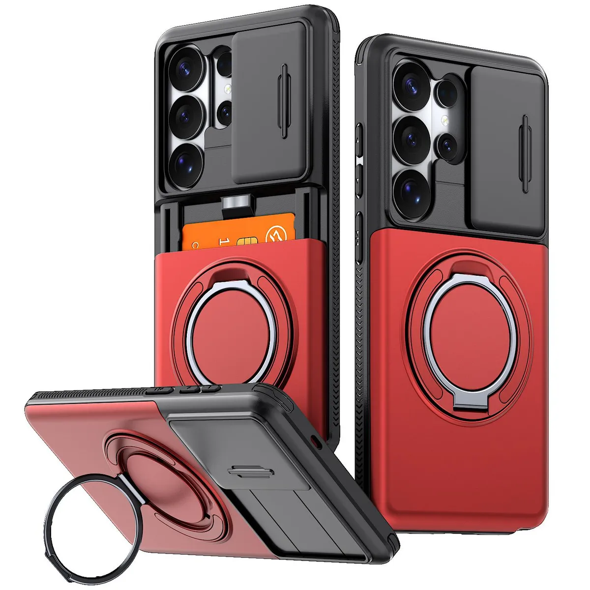 SNAPFIT Case for Samsung Galaxy S26 Ultra SNAPFIT MagSafe Card Holder Ring Stand 360° Camera Slide Shockproof Premium Armor Case — Red