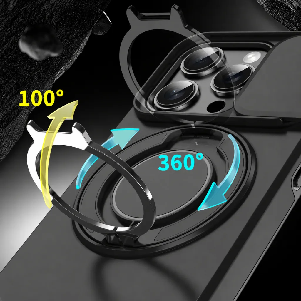 SNAPFIT Case iPhone 18 Pro Max 18 Pro Slide Camera Protection Magsafe Magnetic 360° Rotating Ring Stand Holder — Black / iPhone 18 Pro Max