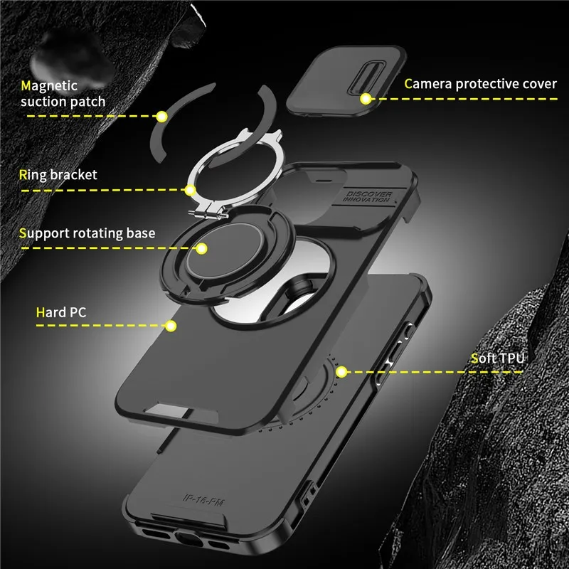 SNAPFIT Case iPhone 18 Pro Max 18 Pro Slide Camera Protection Magsafe Magnetic 360° Rotating Ring Stand Holder — Black / iPhone 18 Pro Max