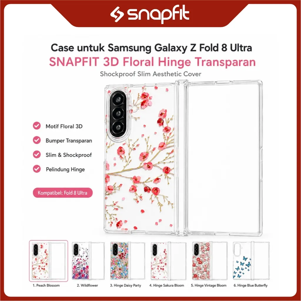 SNAPFIT Case Samsung Galaxy Z Fold 8 Ultra Fold8 Wide Transparan 3D Floral Hinge Protection Shockproof Slim Aesthetic Cover