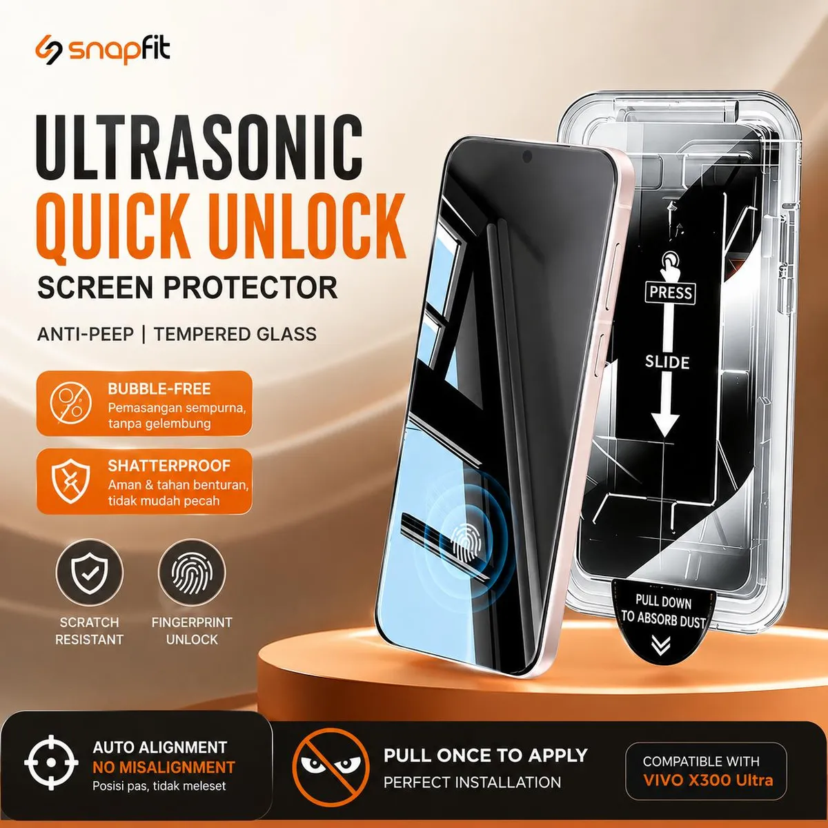 SNAPFIT Tempered Glass for VIVO X300 Ultra SNAPFIT Screen Protector With Tray Clear HD Privacy Anti Spy Anti Gores Pelindung Layar Guard - Primary Focuss ā Privacy With Tray