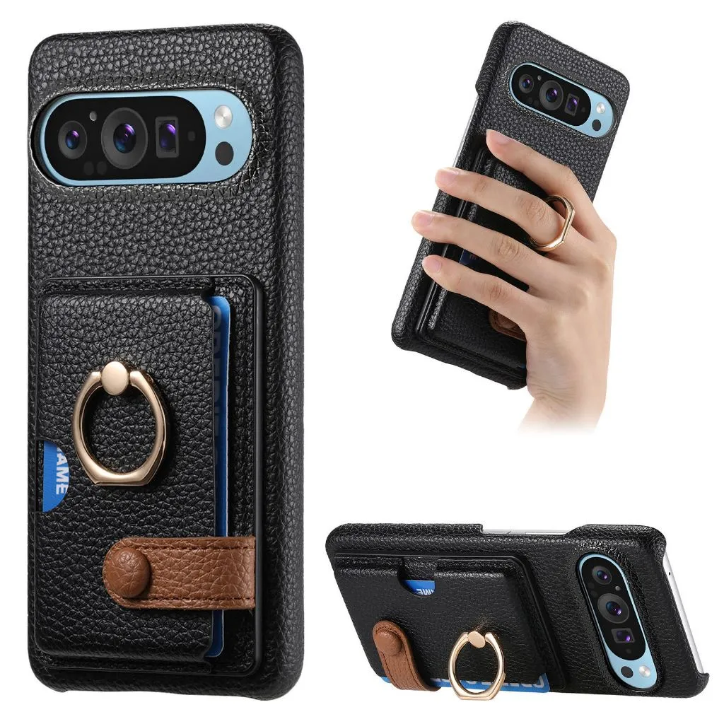 Case Google Pixel 10 Pixel 10 Pro XL SNAPFIT Leather Card Wallet Leather Ring Buckle — Black / Pixel 10 Pro XL