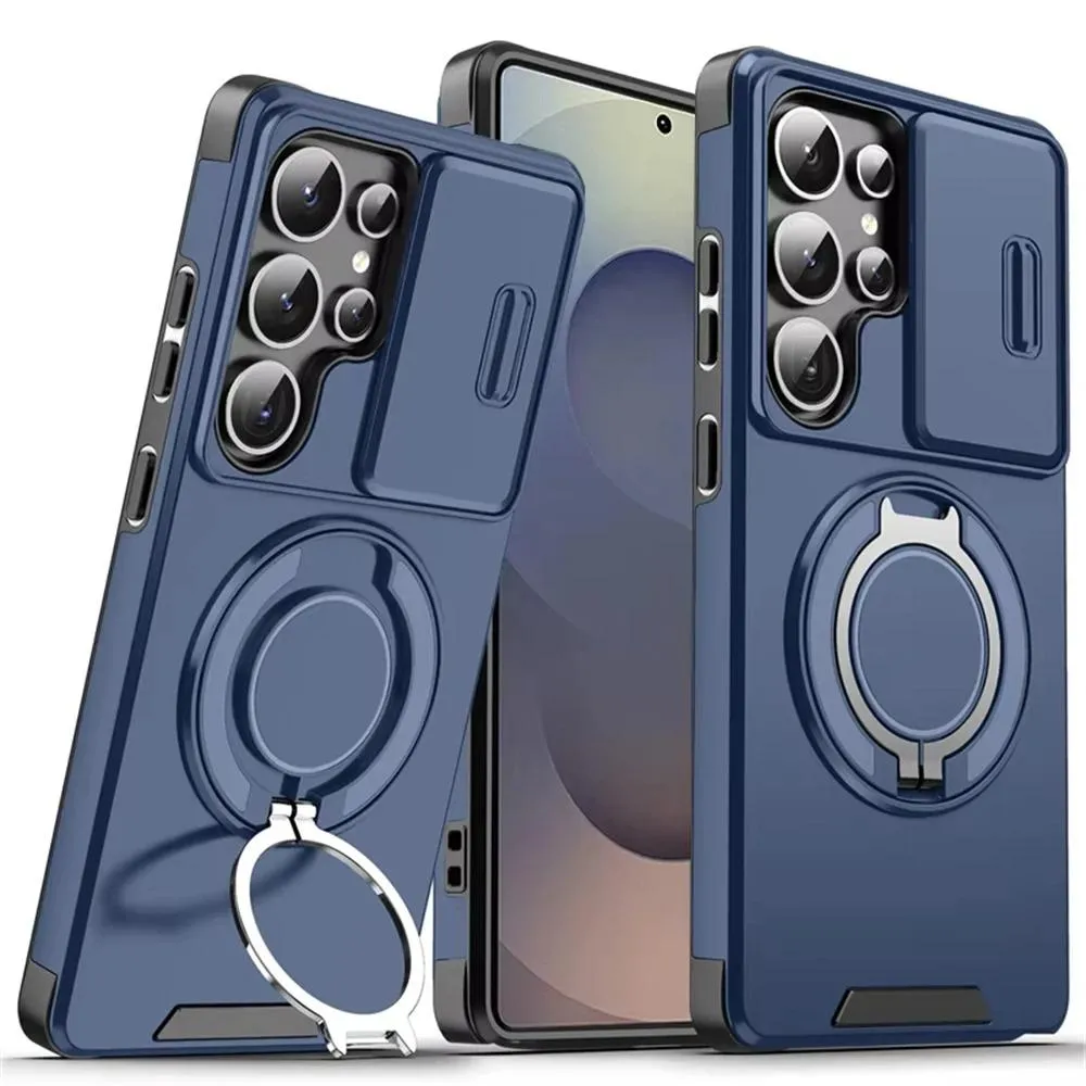SNAPFIT Case for Samsung Galaxy S26 Ultra Plus SNAPFIT Hardcase Slide Camera Protection MagSafe Magnetic 360° Rotating Ring Stand Holder Protective Cover Casing - Primary Focuss — Navy / S26 Plus