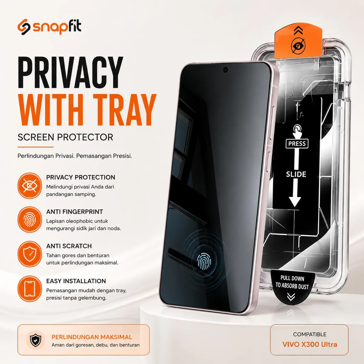 SNAPFIT Tempered Glass for VIVO X300 Ultra SNAPFIT Screen Protector With Tray Clear HD Privacy Anti Spy Anti Gores Pelindung Layar Guard - Primary Focuss ā Privacy With Tray