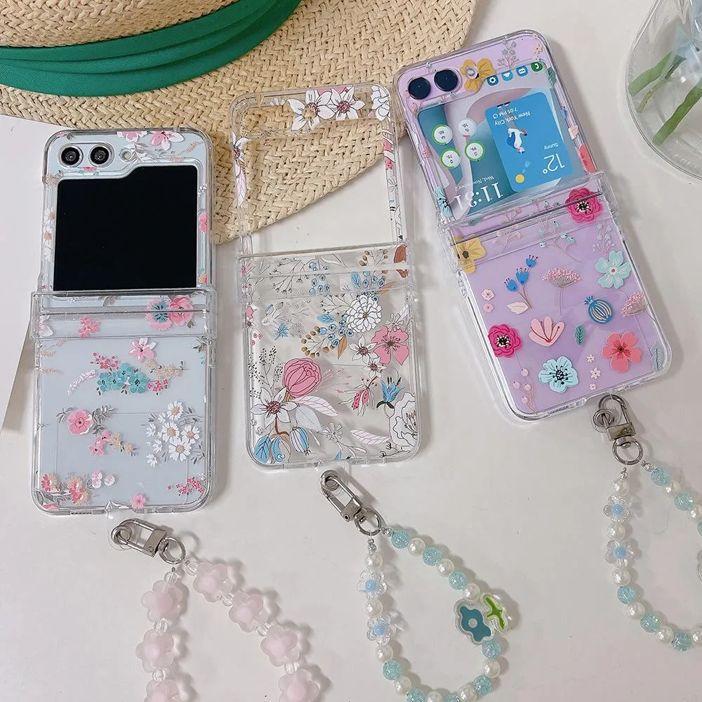 SNAPFIT Case for Samsung Galaxy Z Flip 8 Flip8 SNAPFIT 3D Floral Clear Transparent Painted Pattern Design Hinge Engsel Protector with Lanyard Protective Cover Casing - Primary Focuss