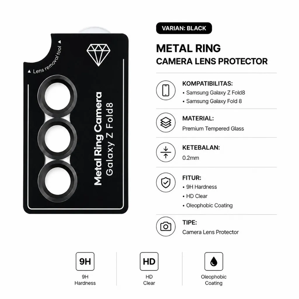 SNAPFIT Lens Camera Samsung Galaxy Z Fold 8 Ultra Fold 8 Wide Anti Gores Tempered Glass Lens Shield Pelindung Kamera — Black / Fold 8 (Wide)