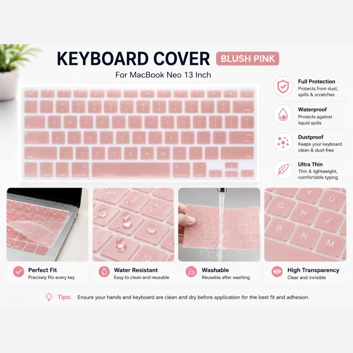 SNAPFIT TPU Keyboard Cover Compatible With MacBook Neo 13 Inch 2026 A3404 Silicone Premium Ultra Thin Anti Debu Anti Air ā Blush Pink