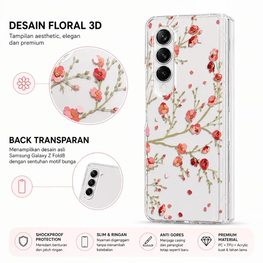 SNAPFIT Case Samsung Galaxy Z Fold 8 Ultra Fold8 Wide Transparan 3D Floral Hinge Protection Shockproof Slim Aesthetic Cover — Hinge Blue Butterfly / Z Fold 8 Wide