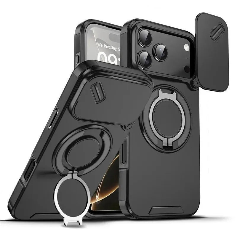 SNAPFIT Case iPhone 18 Pro Max 18 Pro Slide Camera Protection Magsafe Magnetic 360° Rotating Ring Stand Holder — Black / iPhone 18 Pro Max