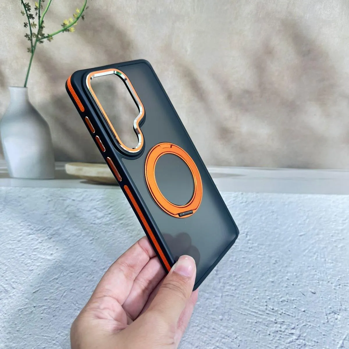 SNAPFIT Case for Samsung Galaxy S26 Ultra Plus SNAPFIT Acrylic Hardcase Ring Holder Stand 360° Rugged Stand Kickstand MagSafe Magnetic Full Cover - Primary Focuss — 360 Black Orange / S26
