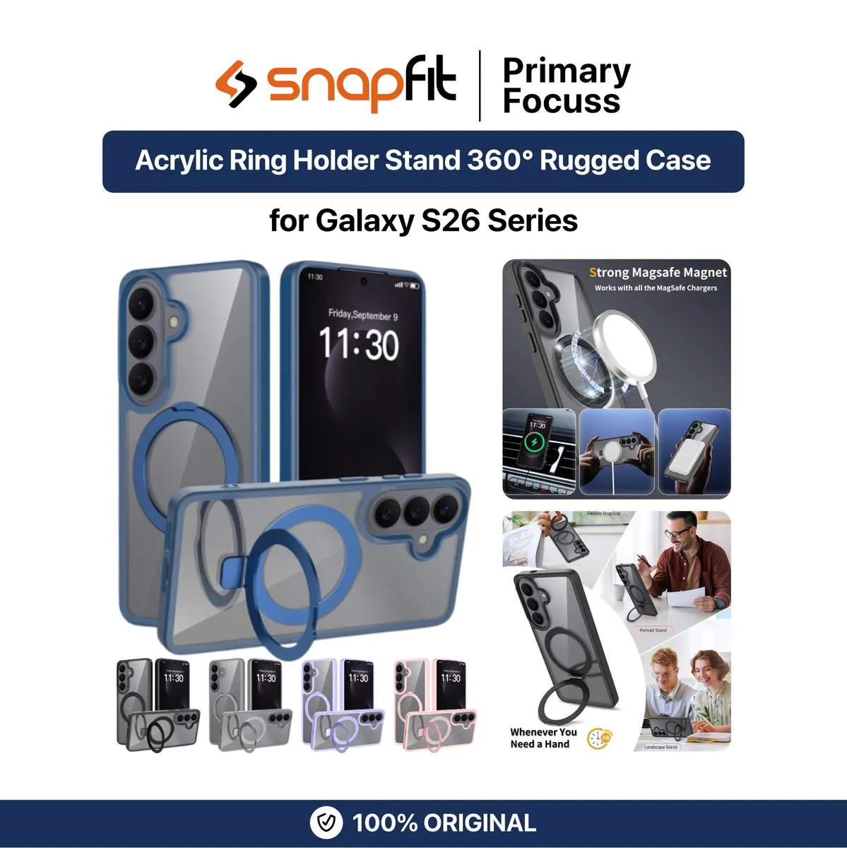 SNAPFIT Case for Samsung Galaxy S26 Ultra Plus SNAPFIT Acrylic Hardcase Ring Holder Stand 360° Rugged Stand Kickstand MagSafe Magnetic Full Cover - Primary Focuss