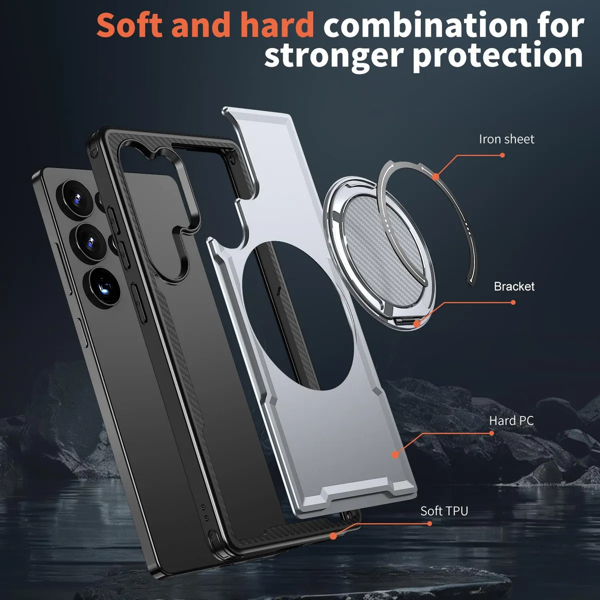 SNAPFIT Case Compatible for Samsung Galaxy S26 Ultra SNAPFIT Carbon Fiber Texture With MagSafe Magnetic Ring Stand Holder Case — Navy