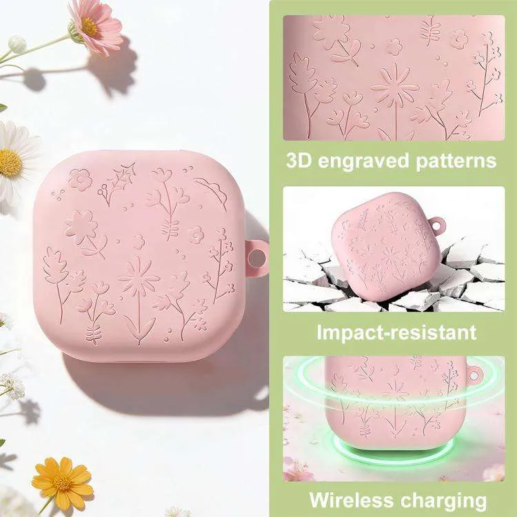 SNAPFIT Case Samsung Galaxy Buds 4 / 4 Pro 2026 Silicone Flower Emboss Carabiner — Dark Grey