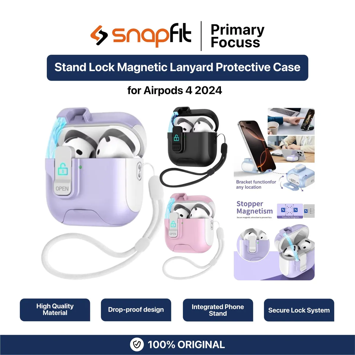 SNAPFIT Case Compatible for Airpods 4 2024 SNAPFIT Stand Security Lock Magnetic With Strap Lanyard Protective Cover Casing - Primary Focuss
