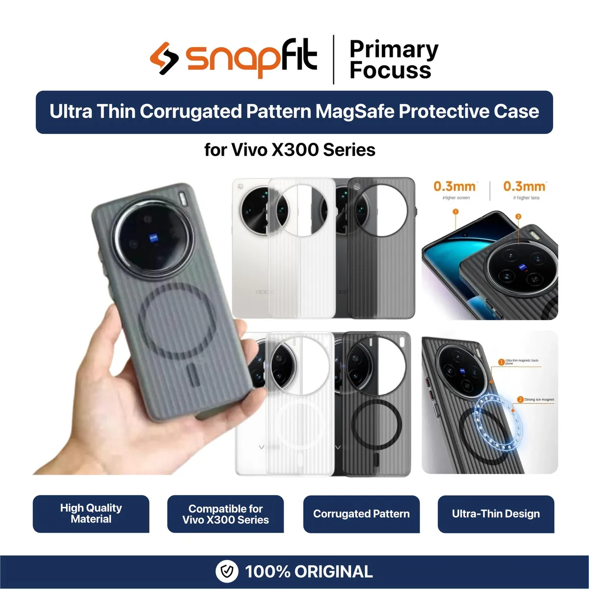 SNAPFIT Case Compatible for VIVO X300 Pro / X200 Pro 5G SNAPFIT Ultra Thin Corrugated Pattern Matte Magnetic MagSafe Anti-slip Protective Back Cover Casing - Primary Focuss
