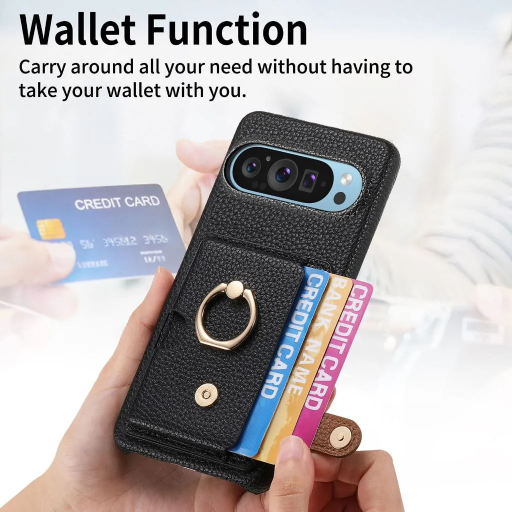 Case Google Pixel 10 Pixel 10 Pro XL SNAPFIT Leather Card Wallet Leather Ring Buckle — Black / Pixel 10 Pro XL