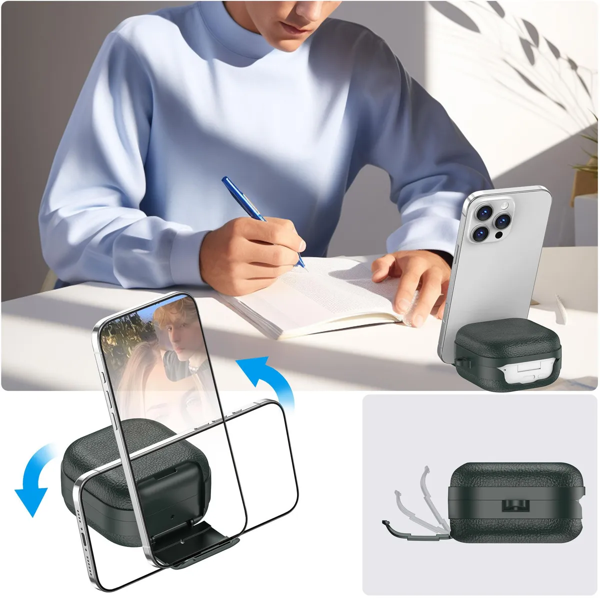 SNAPFIT Case Compatible With Samsung Galaxy Buds 4 / 4 Pro Leather Stand Multifungsi Shockproof Cover — Black