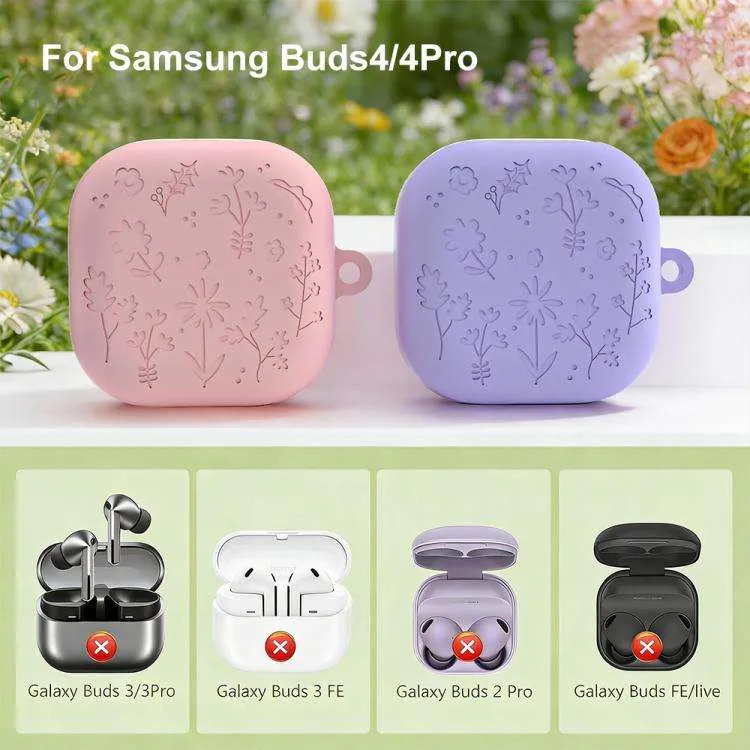 SNAPFIT Case Samsung Galaxy Buds 4 / 4 Pro 2026 Silicone Flower Emboss Carabiner — Dark Grey