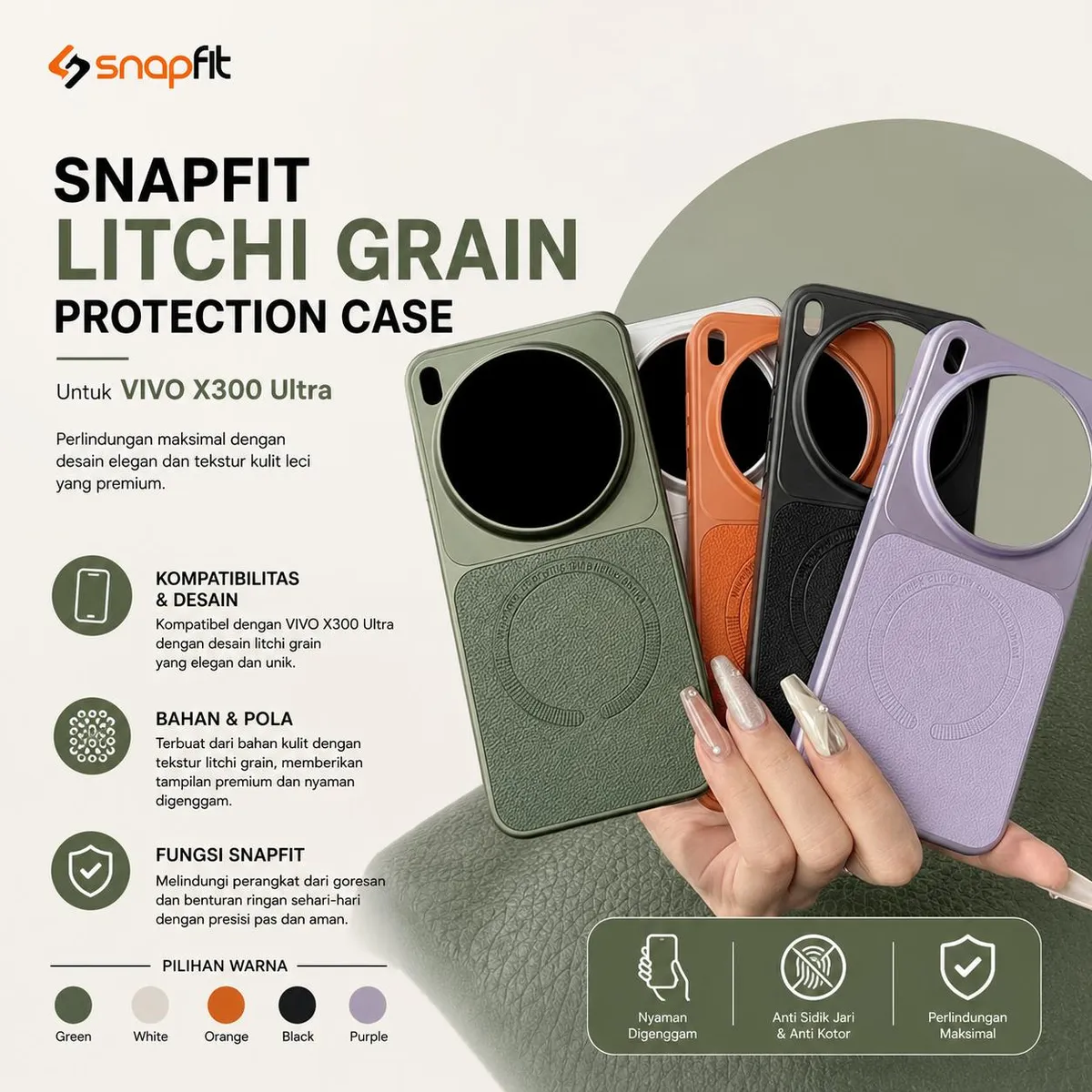 SNAPFIT Case for Vivo X300 Ultra SNAPFIT Leather Litchi Grain Pattern MagSafe Magnetic Protective Casing Cover - Primary Focuss — Black