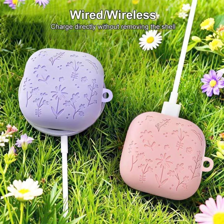 SNAPFIT Case Samsung Galaxy Buds 4 / 4 Pro 2026 Silicone Flower Emboss Carabiner — Dark Grey